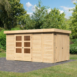 Abri de jardin en bois massif 9,27m² Retola 6 avec armoire intégrée – Karibu 