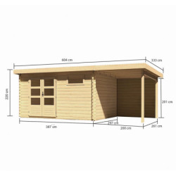 Abri de jardin en bois massif 11,49m² Bastrup 8 avec appentis 200cm et paroi arrière – Karibu 