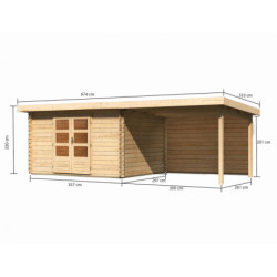 Abri de jardin en bois massif 10,60m² Bastrup 7 avec appentis 300cm et paroi arrière – Karibu 