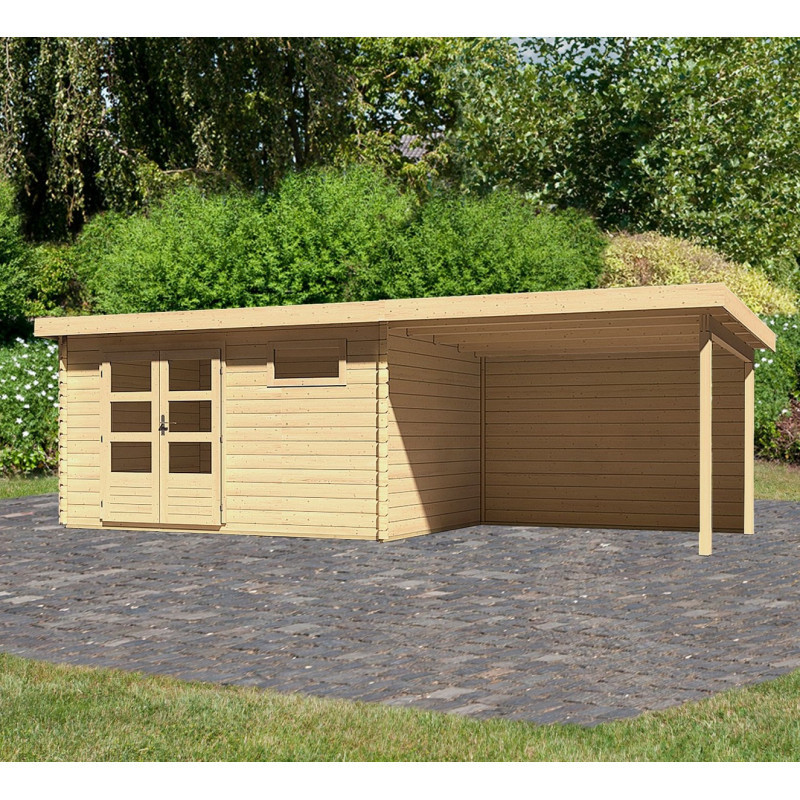 Abri de jardin en bois massif 11,49m² Bastrup 8 avec appentis 300cm et paroi arrière – Karibu 