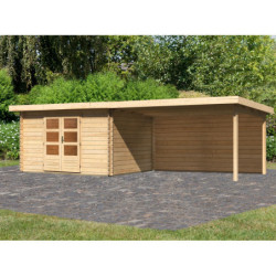 Abri de jardin en bois massif 10,60m² Bastrup 7 avec appentis 400cm et paroi arrière – Karibu 