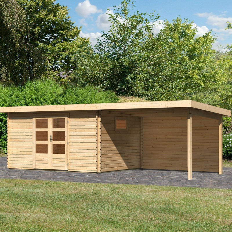 Abri de jardin 11,49m² en bois massif 40mm Trittau 5 avec appentis 330cm et paroi arrière – Karibu 