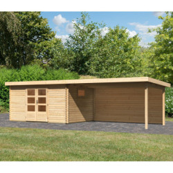 Abri de jardin 11,49m² en bois massif 40mm Trittau 5 avec appentis 440cm et paroi arrière – Karibu 