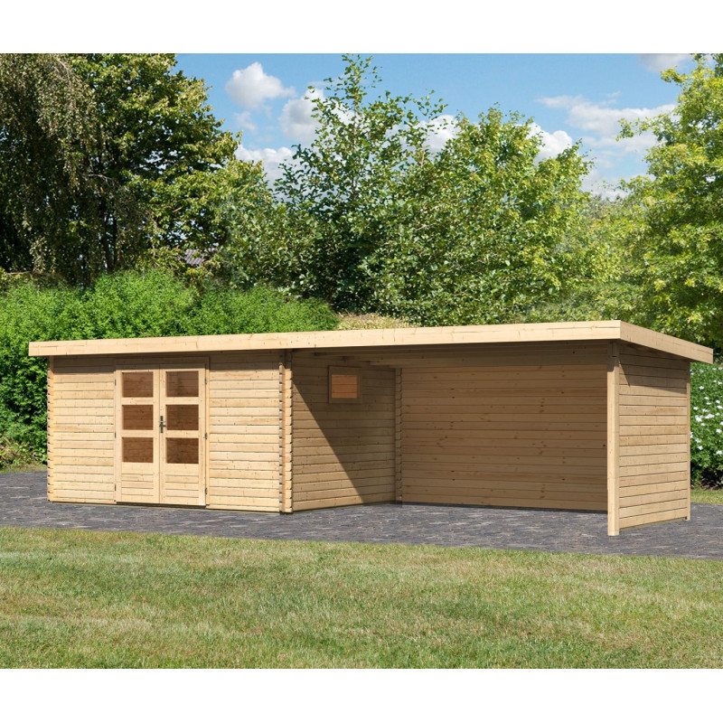 Abri de jardin 11,49m² en bois massif 40mm Trittau 5 avec appentis 440cm, paroi arrière et latérale – Karibu 