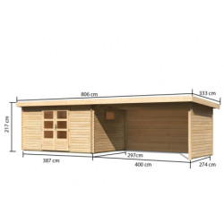 Abri de jardin 11,49m² en bois massif 40mm Trittau 5 avec appentis 440cm, paroi arrière et latérale – Karibu 