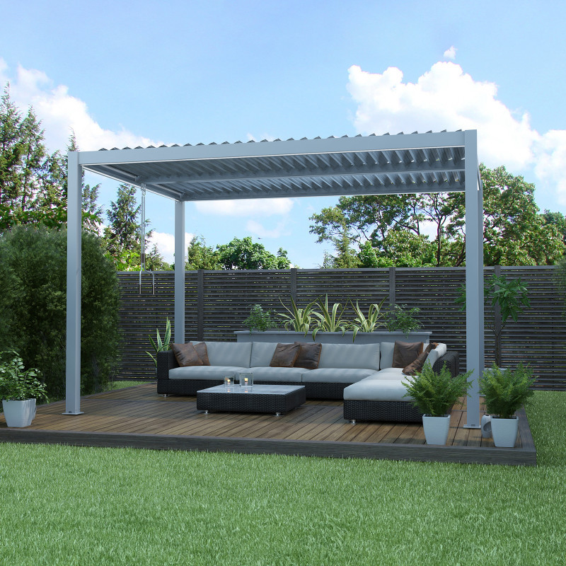 Pergola bioclimatique autoportante en aluminium gris clair 4x3m - X-METAL