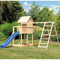 Cabane sur pilotis en épicéa naturel Frieda avec toboggan et 2 balançoires et double échelle - Karibu