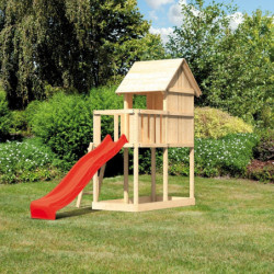 Cabane sur pilotis en épicéa naturel Frieda avec toboggan rouge - Karibu