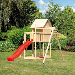Cabane sur pilotis en épicéa naturel Frieda avec toboggan rouge et une balançoire - Karibu