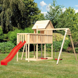 Cabane sur pilotis en épicéa naturel Frieda avec toboggan rouge et deux balançoires -  Karibu