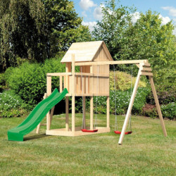 Cabane sur pilotis en épicéa naturel Frieda avec toboggan vert et deux balançoires - Karibu