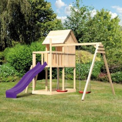 Cabane sur pilotis en épicéa naturel Frieda avec toboggan violet et deux balançoires - Karibu