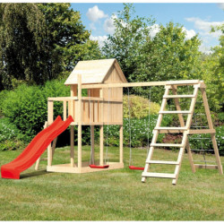 Cabane sur pilotis en épicéa naturel Frieda avec toboggan rouge et 2 balançoires et double échelle - Karibu