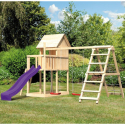 Cabane sur pilotis en épicéa naturel Frieda avec toboggan violet et 2 balançoires et double échelle - Karibu
