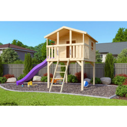 Cabane pour enfants en épicéa naturel BENJAMIN avec toboggan violet - Karibu 
