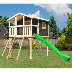 Cabane pour enfants en épicéa gris terre BENJAMIN avec toboggan vert et échelle de cordes - Karibu 
