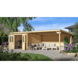 Abri de jardin en bois massif 21m² avec appentis - madriers 28mm - Eden