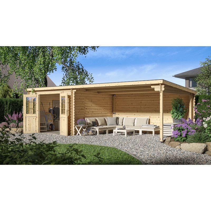 Abri de jardin en bois massif 21m² avec appentis - madriers 28mm - Eden