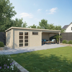 Abri de jardin en bois massif 24m² avec appentis - madriers 34mm - Eden