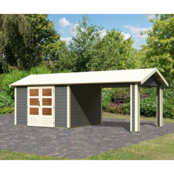 Abri de jardin en bois massif gris terre 9,24m² Theres 7 avec un auvent – Karibu