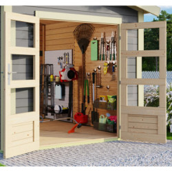 Abri de jardin en bois massif gris terre 9,24m² Theres 7 avec un auvent – Karibu