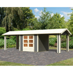 Abri de jardin en bois massif gris terre 5,95m² Theres 3 avec deux auvents – Karibu