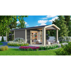 Abri de jardin en bois massif gris terre 9,24m² Theres 7 avec deux auvents – Karibu