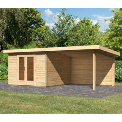 Abri toit plat 9,55m² bois massif 40mm Radeburg 1 avec appentis 330cm et paroi arrière – Karibu