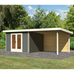 Abri toit plat 9,55m² bois massif gris terre 40mm Radeburg 1 avec appentis 330cm et paroi arrière – Karibu