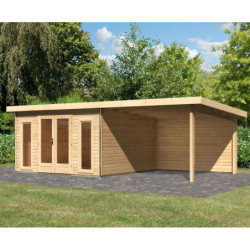 Abri toit plat 13,60m² bois massif 40mm Radeburg 3 avec appentis 330cm et paroi arrière – Karibu