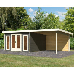Abri toit plat 13,60m² bois massif gris terre 40mm Radeburg 3 avec appentis 330cm et paroi arrière – Karibu
