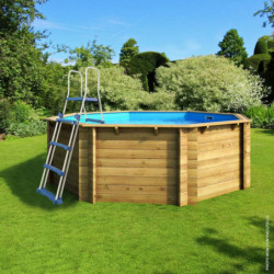 Piscine hexagonale rainurée languette en bois 33750 Ø395xH117cm avec échelle - Swim Wood