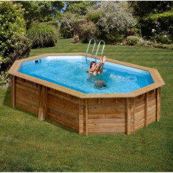 Piscine EMEO octogonale allongée rainurée languette en bois 541x350cm avec 2 échelles - Swim Wood