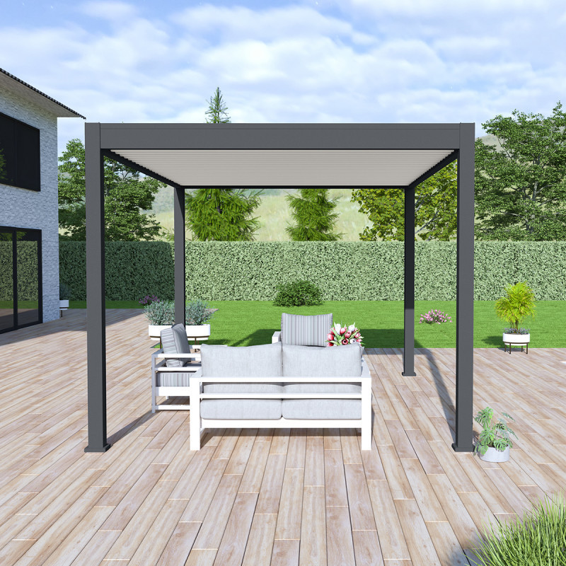 Pergola bioclimatique autoportante en alu anthracite - lames blanches - 3x4m Ombrea