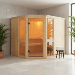 Sauna traditionnel d'angle 6 à 8 places - parois 68mm - sans couronne - porte classique - Amelia 3 - KARIBU