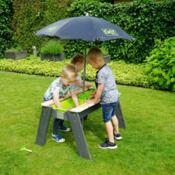 Table d'activités en bois massif sable et eau Aksent avec parasol et outils de jardinage - Exit Toys