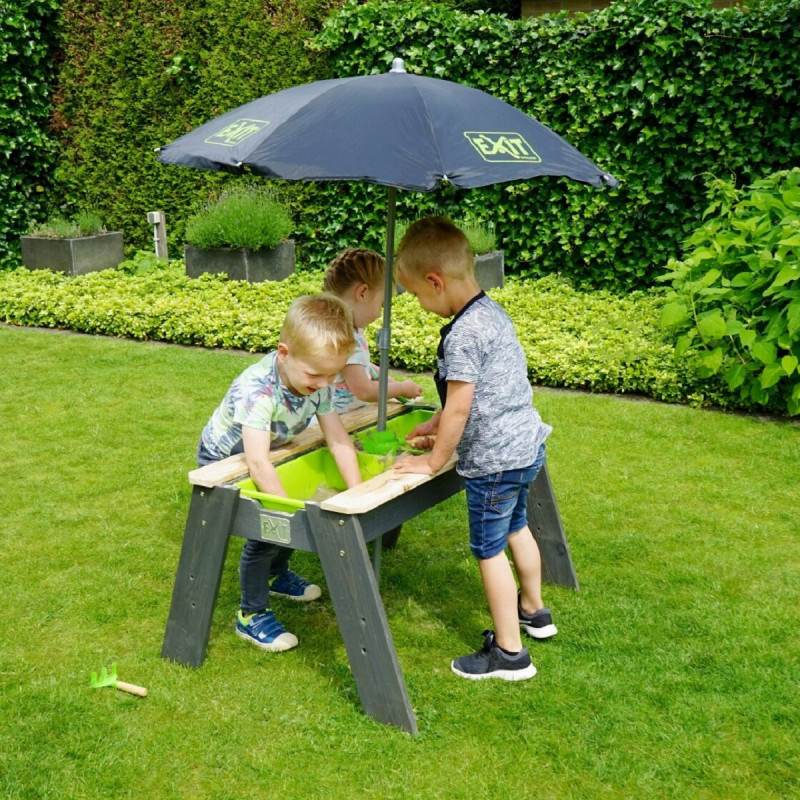 Table d'activités en bois massif sable et eau Aksent avec parasol et outils de jardinage - Exit Toys
