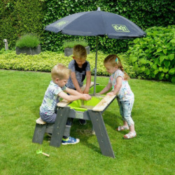Table d'activités en bois massif sable et eau Aksent avec un banc, parasol et outils de jardinage - Exit Toys