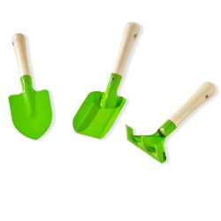 Table d'activités en bois massif sable et eau Aksent avec un banc, parasol et outils de jardinage - Exit Toys