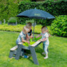 Table d'activités en bois massif sable et eau Aksent avec un banc, parasol et outils de jardinage - Exit Toys
