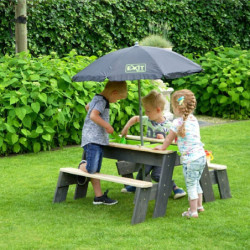 Table d'activités en bois massif sable et eau Aksent avec deux bancs, parasol et outils de jardinage - Exit Toys