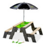 Table d'activités en bois massif sable et eau Aksent avec deux bancs, parasol et outils de jardinage - Exit Toys