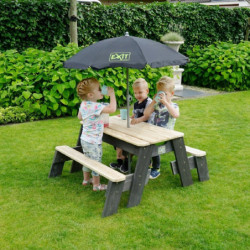Table d'activités en bois massif sable et eau Aksent avec deux bancs, parasol et outils de jardinage - Exit Toys