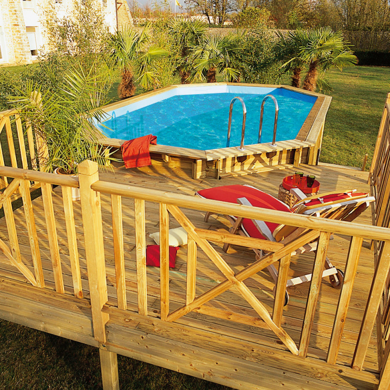 Piscine bois octogonale allongée 400x610cm AZURA toute équipée UBBINK