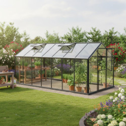 Serre de jardin Hybrid 11m² anthracite en verre trempé et polycarbonate Sanus UP! L11 - Gampre