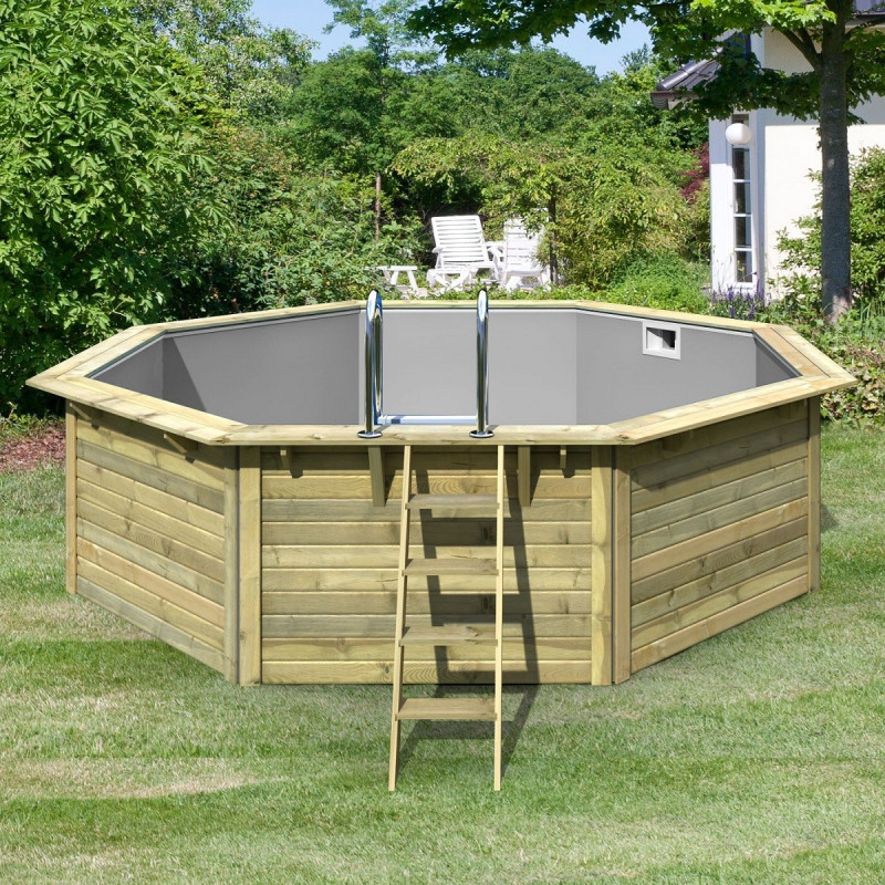 Piscine octogonale en bois Ø470xH111cm liner gris Pool X2 - Karibu