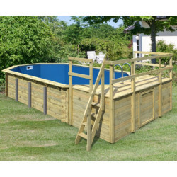 Piscine octogonale allongée en bois L700cm liner bleu terrasse L357,5cm Pool 5 Variante D - Karibu