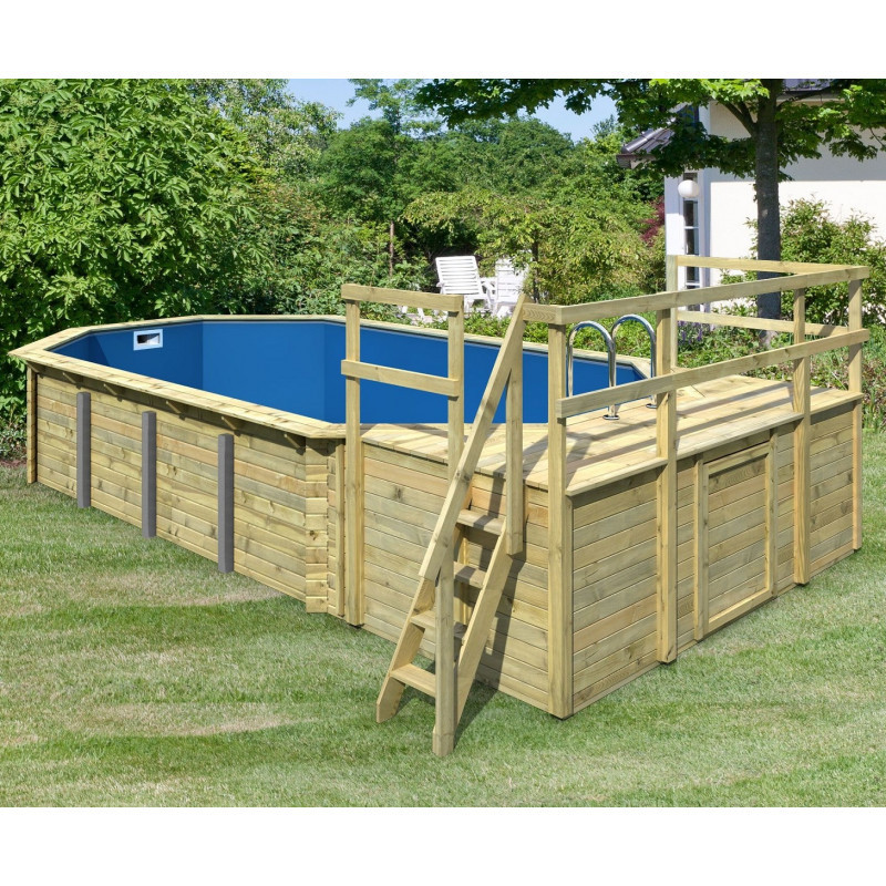 Piscine octogonale allongée en bois L700cm liner bleu terrasse L357,5cm Pool 5 Variante D - Karibu