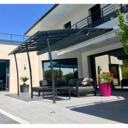 Pergola adossée 350x400cm en aluminium et acier gris anthracite et polycarbonate OSLO - Couleurs du Monde