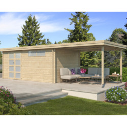 Chalet moderne Oregon 16,4m² + extension 300cm en bois massif 28mm avec porte double vitrée+fenêtre - Gardenas